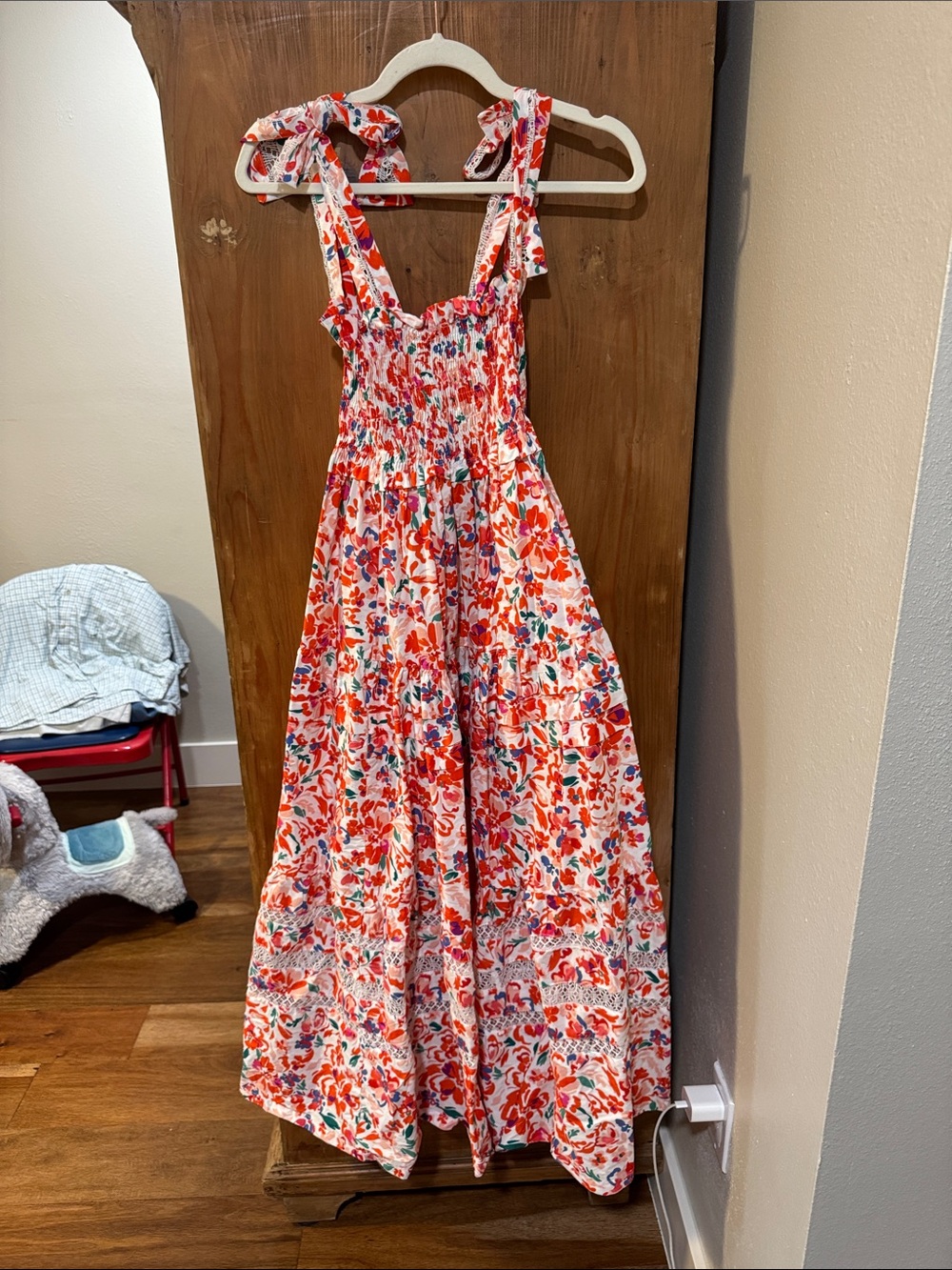 Mi Golondrina White Floral Maxi Dress with Red and Green Accents
